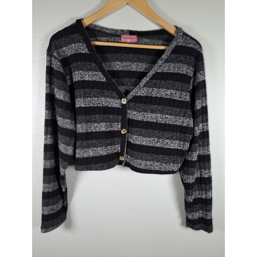 Ragdoll Striped Cropped Cardigan Black Grey Ribbed V-Neck Button Front Top
